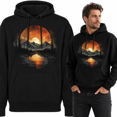 Bluza męska z kapturem - góry o zachodzie słońca odbite w jeziorze