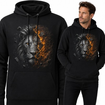 Bluza męska z kapturem - lew z pękniętą skórą i żarzącą się lawą