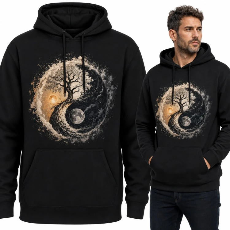 Bluza męska z kapturem - yin yang z drzewem życia, słońcem i księżycem