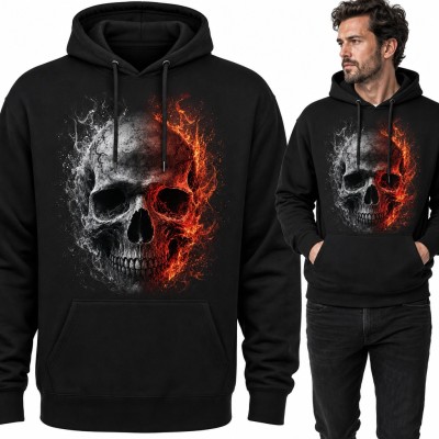 Bluza męska z kapturem - płonąca czaszka pół w ogniu, pół w dymie