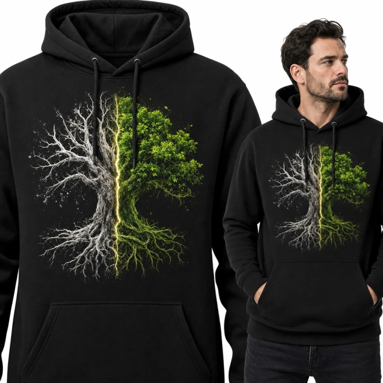 Bluza męska z kapturem - drzewo życia w połowie martwe, w połowie zielone