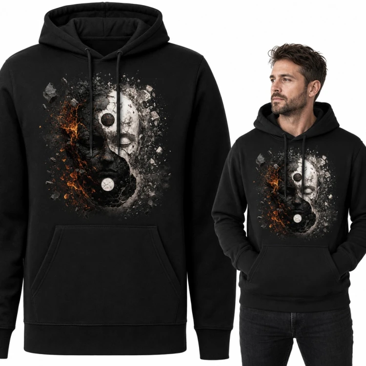 Bluza męska z kapturem - yin i yang z pękniętych kamiennych twarzy i ognia