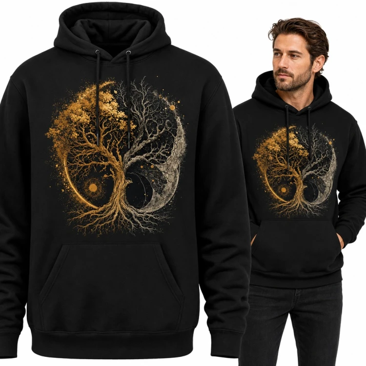 Bluza męska z kapturem - drzewo życia yin yang w złocie i srebrze