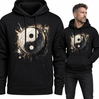 Bluza męska z kapturem - spękany symbol yin i yang ze złotymi rozbryzgami