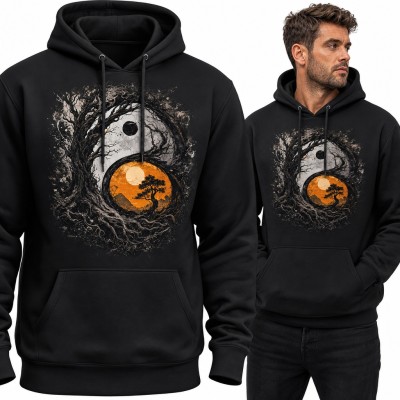 Bluza męska z kapturem - yin yang z drzewem życia i bonsai na tle słońca