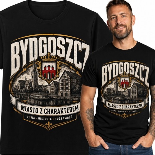 Koszulka męska „Bydgoszcz” z herbem i nadrzeczną panoramą - „Miasto z charakterem”