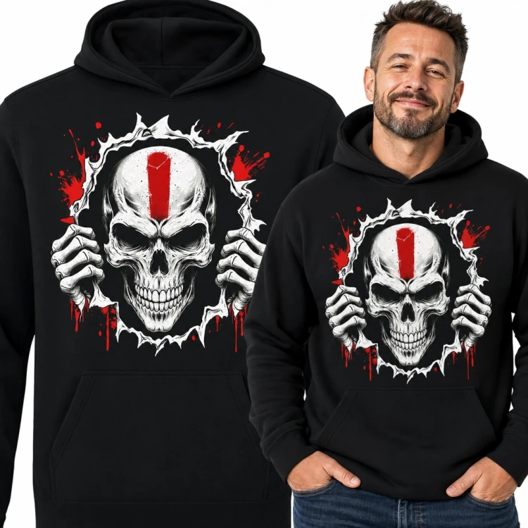 Bluza męska z kapturem - czaszka z czerwonym pasem rozrywająca otwór