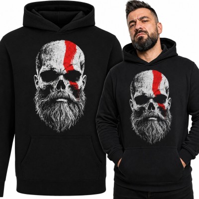 Bluza męska z kapturem - brodata czaszka wojownika z czerwonym pasem