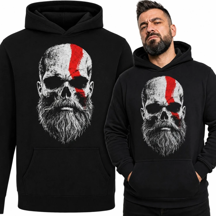 Bluza męska z kapturem - brodata czaszka wojownika z czerwonym pasem