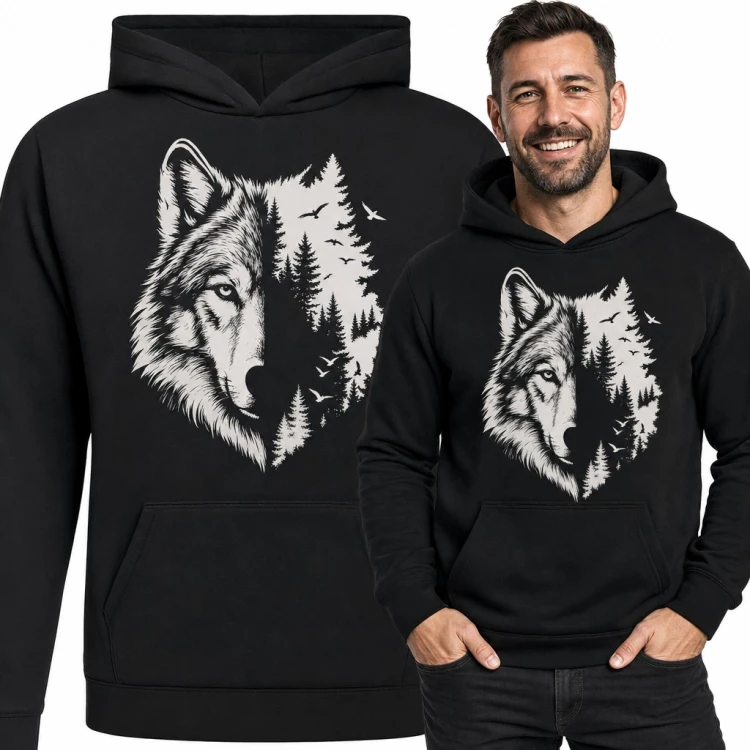 Bluza męska z kapturem - głowa wilka z lasem i lecącymi ptakami