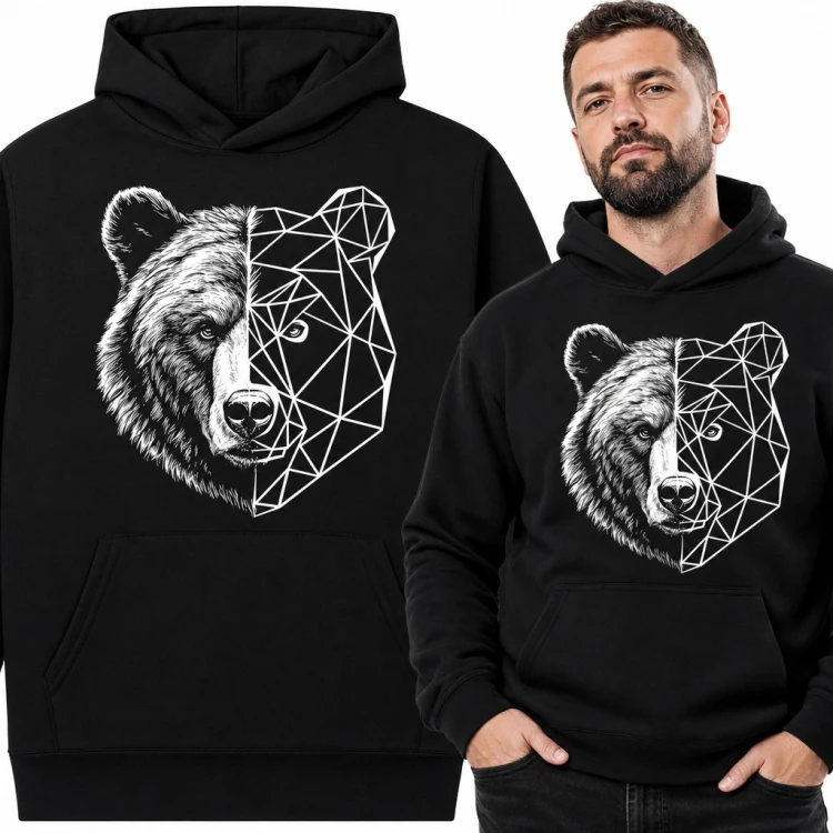 Bluza męska z kapturem - geometryczny niedźwiedź grizzly pół realistyczny, pół low poly