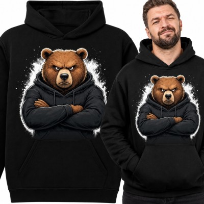 Bluza męska z kapturem - groźny niedźwiedź grizzly w bluzie ze skrzyżowanymi rękami
