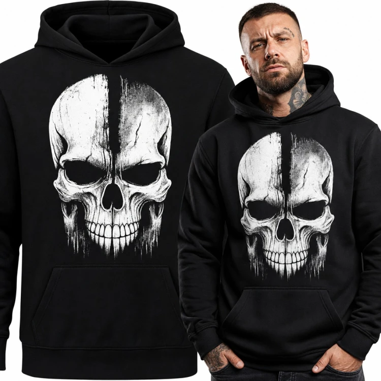 Bluza męska z kapturem - biała czaszka grunge z czarnym pasem