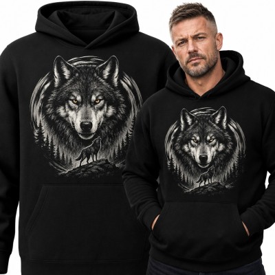 Bluza męska z kapturem - wilk z bursztynowymi oczami i wyjący wilk w lesie