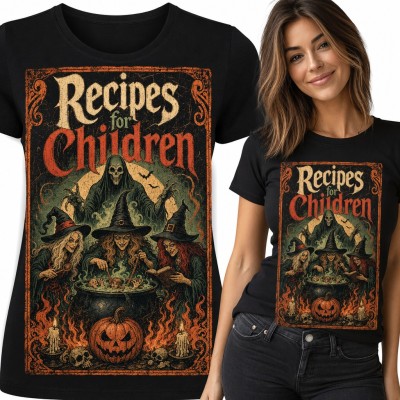 Koszulka damska „Recipes for Children” - trzy czarownice przy kotle na Halloween