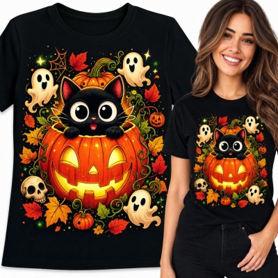Koszulka damska z czarnym kotkiem w halloweenowej dyni i duszkami