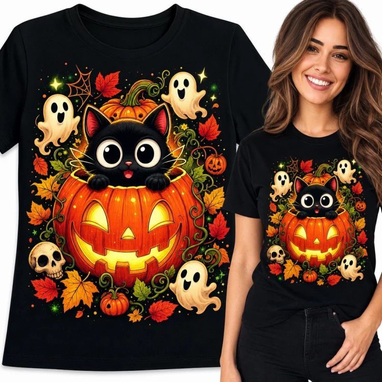 Koszulka damska z czarnym kotkiem w halloweenowej dyni i duszkami