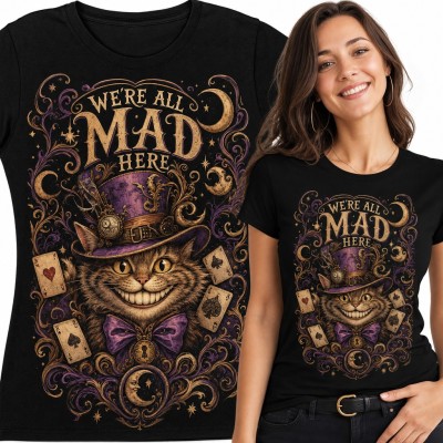 Koszulka damska z Kotem z Cheshire w cylindrze „We're all mad here”
