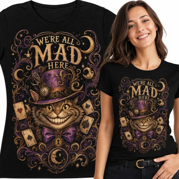 Koszulka damska z Kotem z Cheshire w cylindrze „We're all mad here”