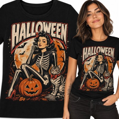 Koszulka damska „Halloween” - retro pin-up w kostiumie szkieletu z dynią i kotem