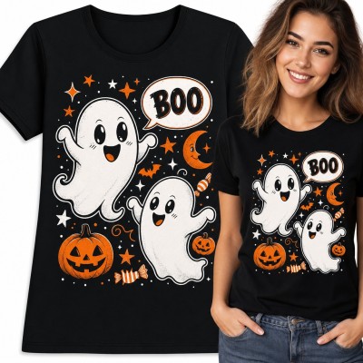 Koszulka damska z wesołymi duszkami „Boo” - dynie i nietoperze na Halloween