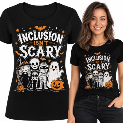 Koszulka damska Halloween „Inclusion isn't scary” - czarownica, szkielet, mumia i duch