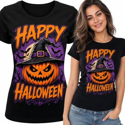 Koszulka damska „Happy Halloween” - dynia w kapeluszu czarownicy i nietoperze