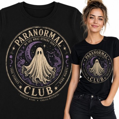 Koszulka damska „Paranormal Club” - duch z kotem i księżycem w emblemacie