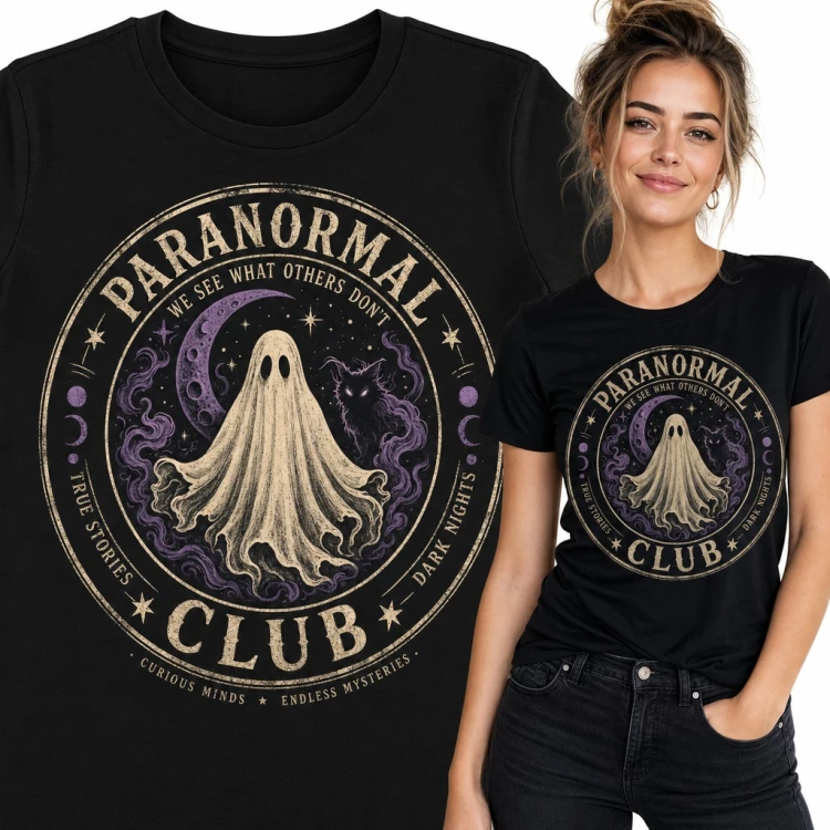 Koszulka damska „Paranormal Club” - duch z kotem i księżycem w emblemacie