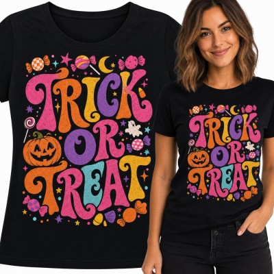 Koszulka damska „Trick or Treat” - retro Halloween z dynią i cukierkami