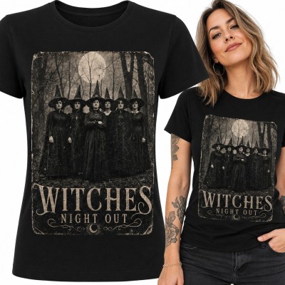 Koszulka damska czarownice „Witches Night Out” - sabat przy pełni w stylu starej fotografii
