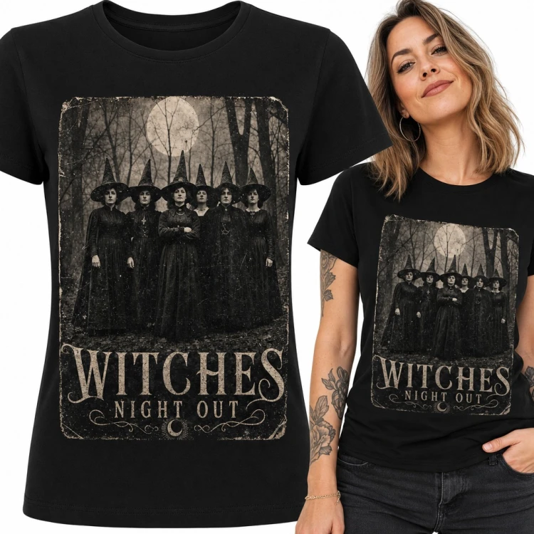 Koszulka damska czarownice „Witches Night Out” - sabat przy pełni w stylu starej fotografii