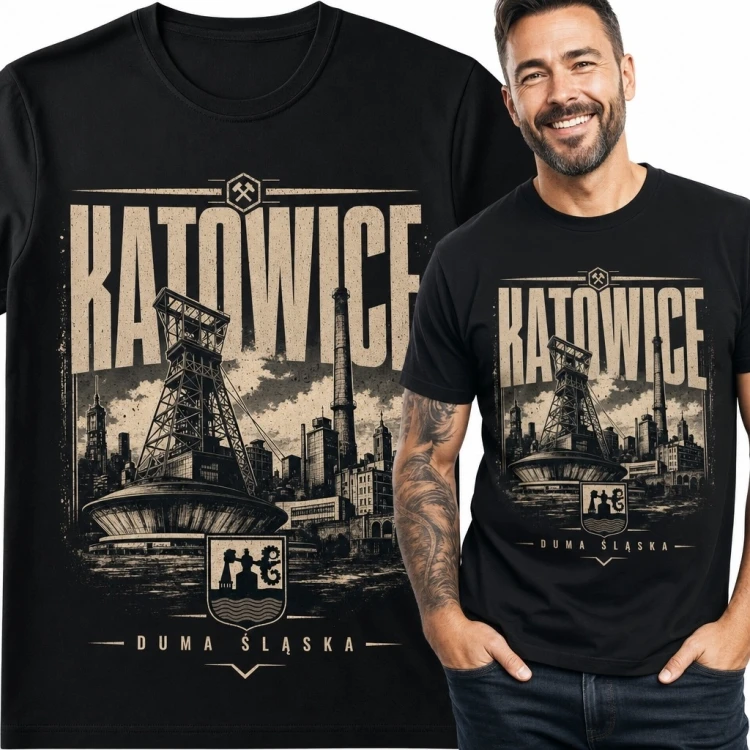 Koszulka męska „Katowice” z panoramą miasta i napisem „Duma Śląska” - styl retro
