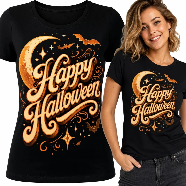 Koszulka damska „Happy Halloween” - retro napis z księżycem i nietoperzami