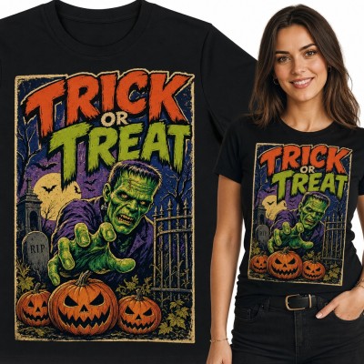 Koszulka damska Halloween „Trick or treat” - Frankenstein i dynie na cmentarzu