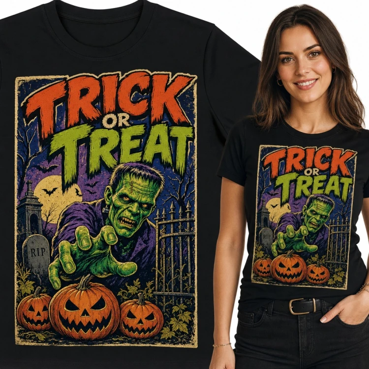 Koszulka damska Halloween „Trick or treat” - Frankenstein i dynie na cmentarzu