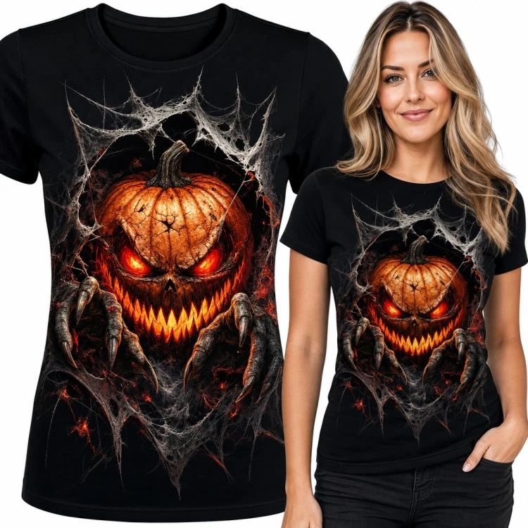 Koszulka damska z dynią halloweenową w pajęczynie i pazurami