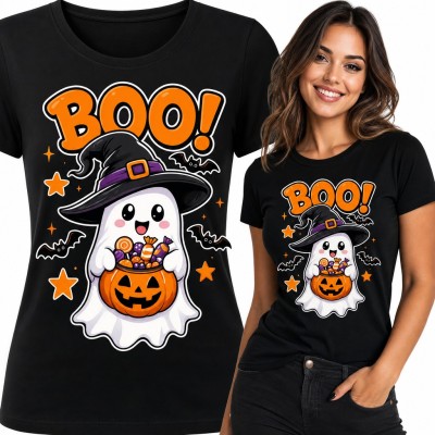Koszulka damska „Boo!” - duszek z dynią pełną cukierków na Halloween