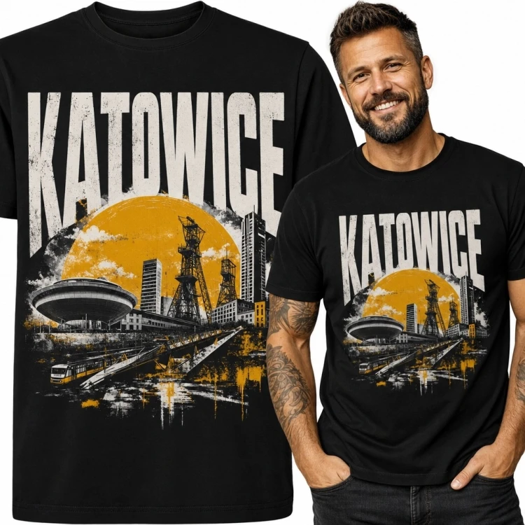 Koszulka męska z panoramą Katowic i Spodkiem „Katowice” - industrialny nadruk retro