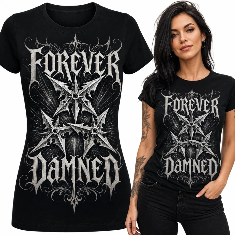 Koszulka damska gotycka „Forever Damned” - metalowy napis z ostrymi gwiazdami