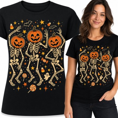 Koszulka damska tańczące szkielety z głowami dyni - Halloween