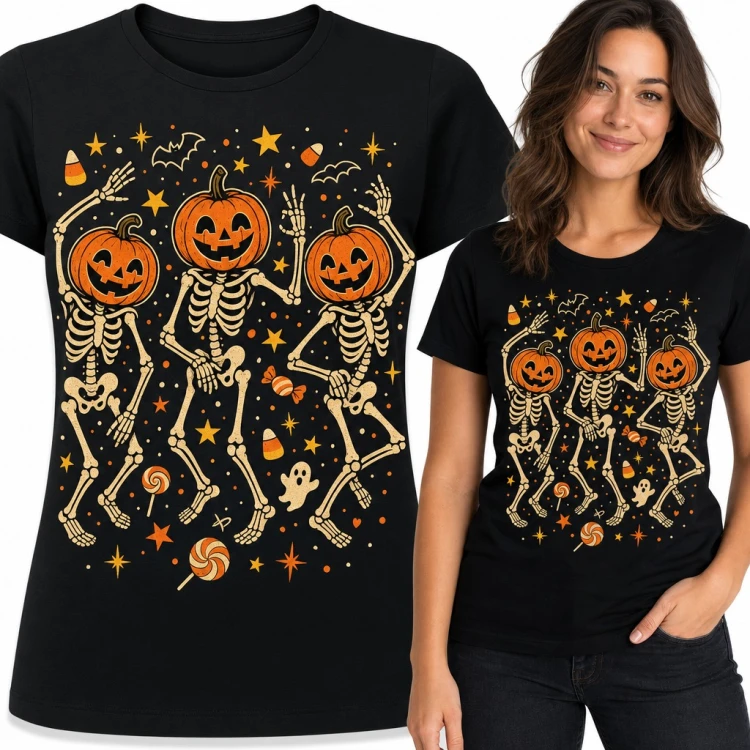 Koszulka damska tańczące szkielety z głowami dyni - Halloween