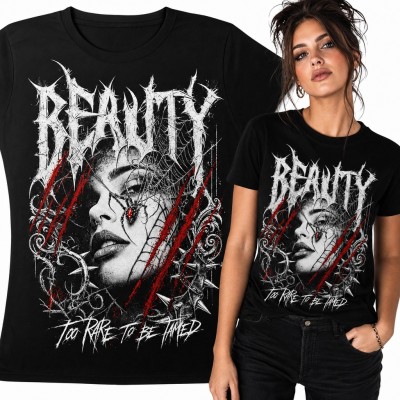Koszulka damska gotycka „Beauty Too Rare To Be Tamed” - twarz z pająkiem w stylu metalowym