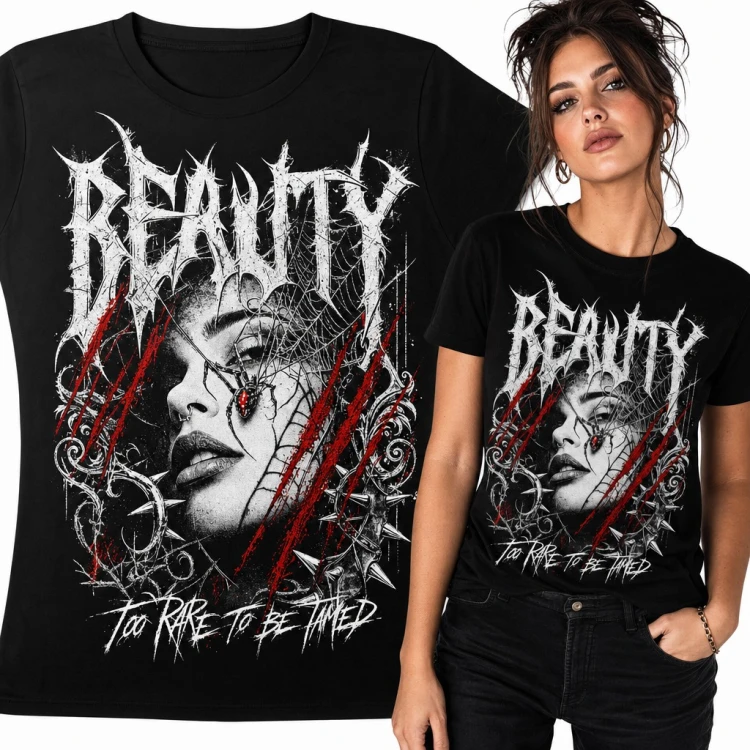 Koszulka damska gotycka „Beauty Too Rare To Be Tamed” - twarz z pająkiem w stylu metalowym