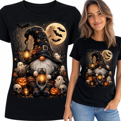 Koszulka damska halloweenowy skrzat z latarnią, dyniami i duszkami pod pełnią księżyca