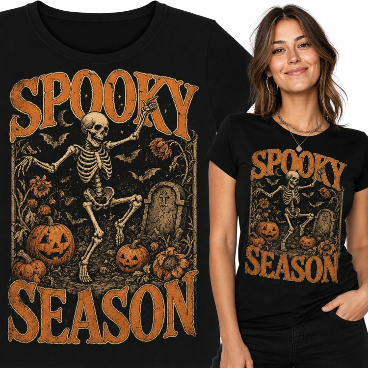 Koszulka damska „Spooky Season” - tańczący szkielet wśród dyń na Halloween