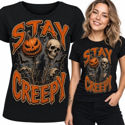 Koszulka damska „Stay Creepy” - halloweenowa dynia i czaszka z nietoperzami