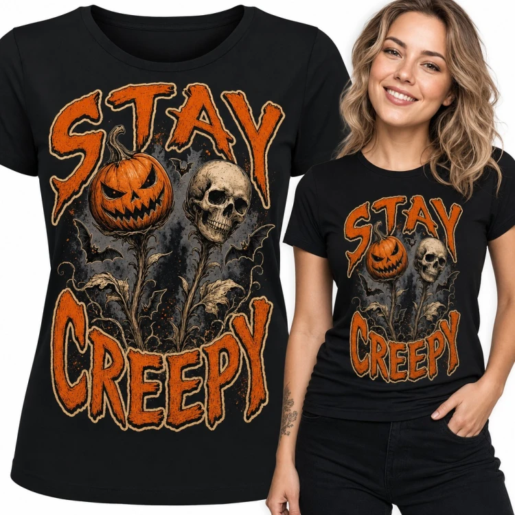 Koszulka damska „Stay Creepy” - halloweenowa dynia i czaszka z nietoperzami