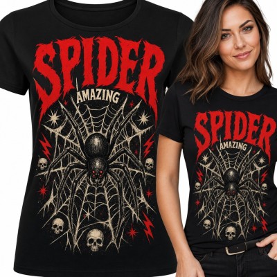 Koszulka damska „Spider amazing” - czarny pająk na pajęczynie z czaszkami
