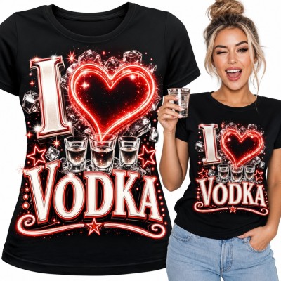 Koszulka damska „I ♥ Vodka” - neonowe serce i kieliszki wódki